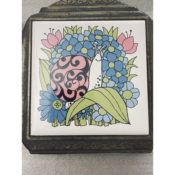 Cherry Brand Metal Teapot Trivet w/Tile Insert Smiling Snail Blue Flowers Japan - Picture 3 of 7